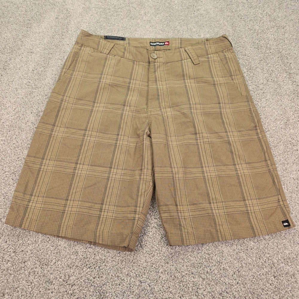 Quiksilver Mens Plaid Walk Shorts Tan Brown Checkered Size 33 Flat Front Surf